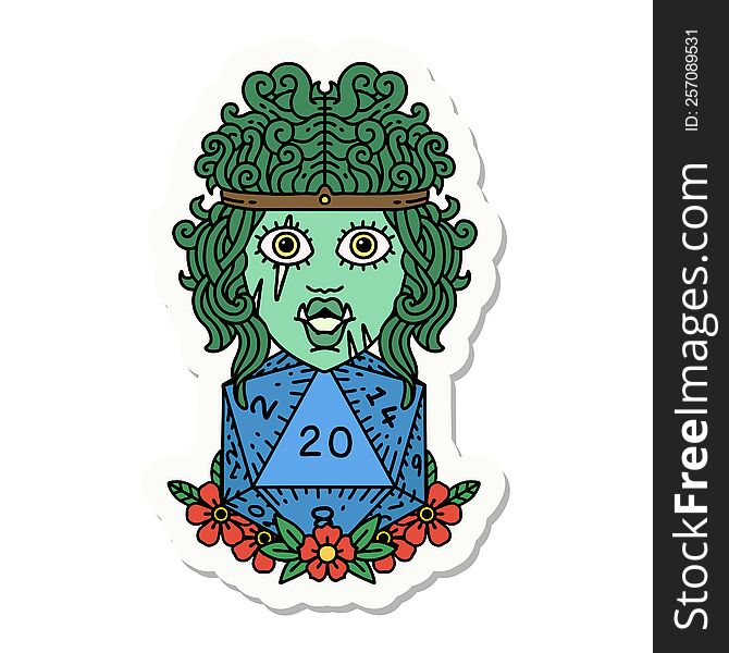 sticker of a orc barbarian with natural twenty dice roll. sticker of a orc barbarian with natural twenty dice roll