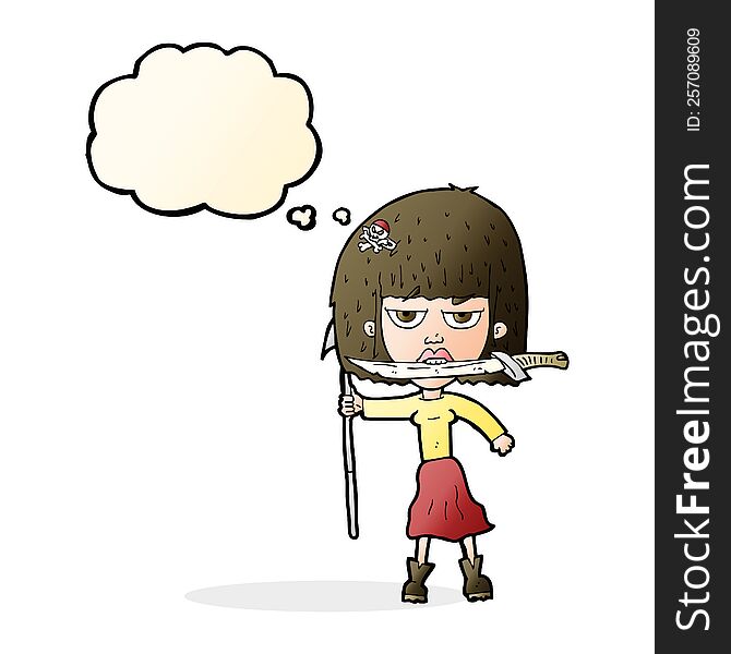 cartoon woman with knife and harpoon with thought bubble