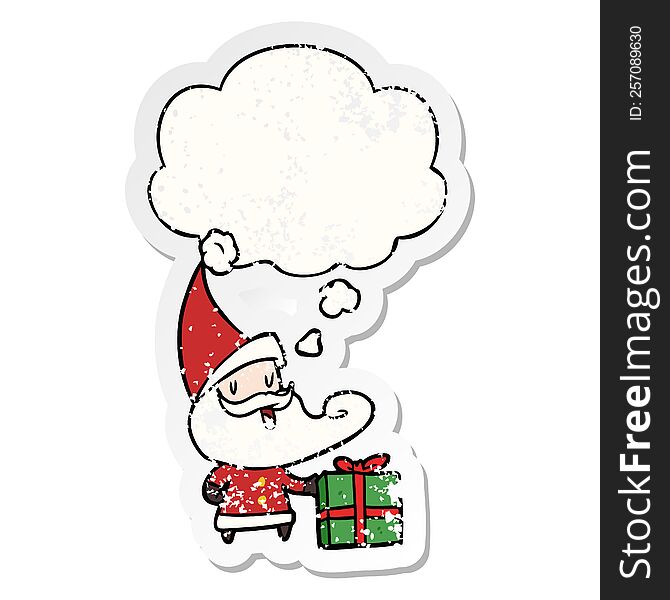 cartoon santa claus with thought bubble as a distressed worn sticker