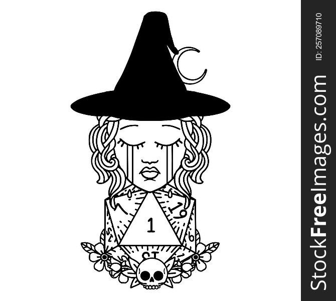 Black and White Tattoo linework Style crying human witch with natural one D20 dice roll. Black and White Tattoo linework Style crying human witch with natural one D20 dice roll