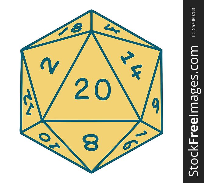 iconic tattoo style image of a d20 dice. iconic tattoo style image of a d20 dice