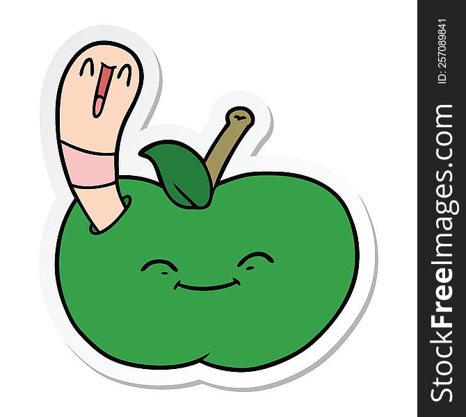 sticker of a cartoon happy worm in an apple