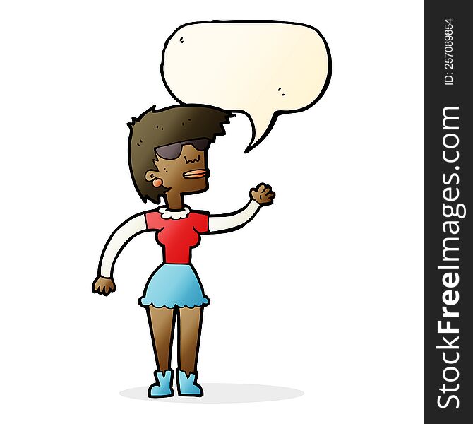 Cartoon Woman In Spectacles Waving With Speech Bubble