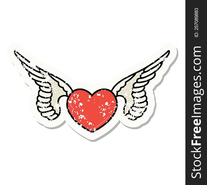 distressed sticker tattoo in traditional style of a heart with wings. distressed sticker tattoo in traditional style of a heart with wings