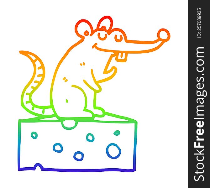 rainbow gradient line drawing of a cartoon mouse sitting on cheese