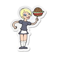 Sticker Of A Cartoon Waitress Serving A Burger Stock Photos