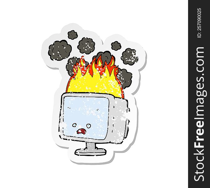 Retro Distressed Sticker Of A Cartoon Burning Computer