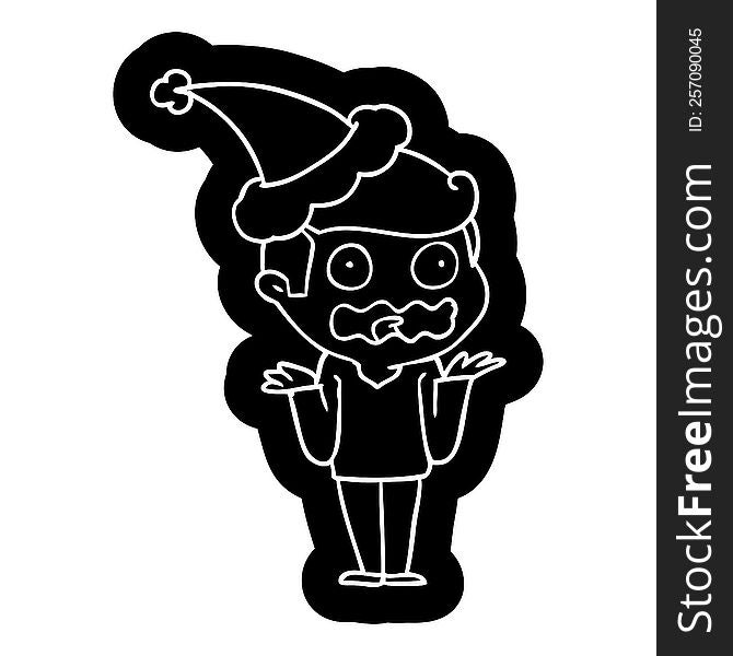 quirky cartoon icon of a man totally stressed out wearing santa hat