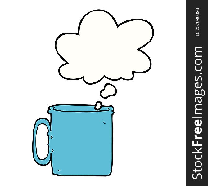 cartoon camping cup of coffee with thought bubble