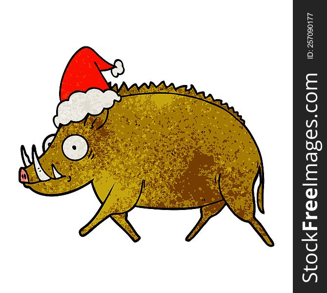 hand drawn textured cartoon of a wild boar wearing santa hat