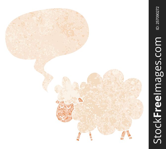 cartoon sheep with speech bubble in grunge distressed retro textured style. cartoon sheep with speech bubble in grunge distressed retro textured style