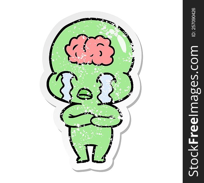 Distressed Sticker Of A Cartoon Big Brain Alien Crying