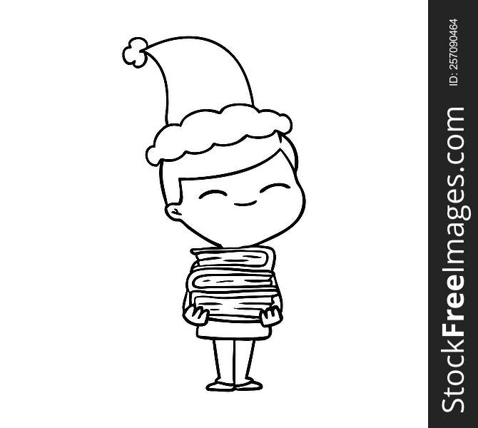 line drawing of a smiling boy with stack of books wearing santa hat