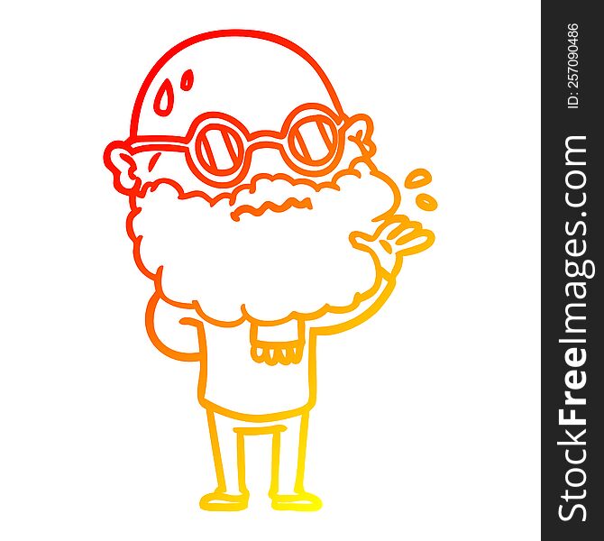 Warm Gradient Line Drawing Cartoon Worried Man With Beard And Spectacles