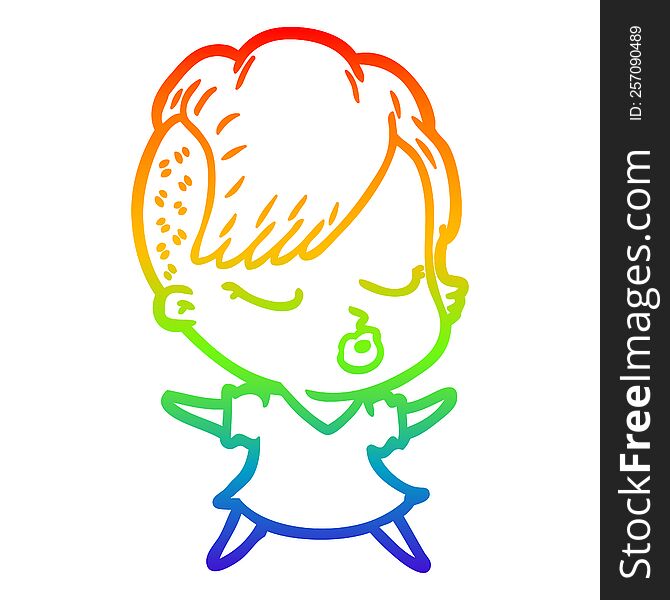 Rainbow Gradient Line Drawing Cartoon Pretty Hipster Girl