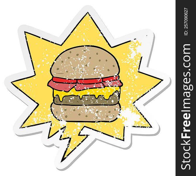 cartoon stacked burger with speech bubble distressed distressed old sticker. cartoon stacked burger with speech bubble distressed distressed old sticker