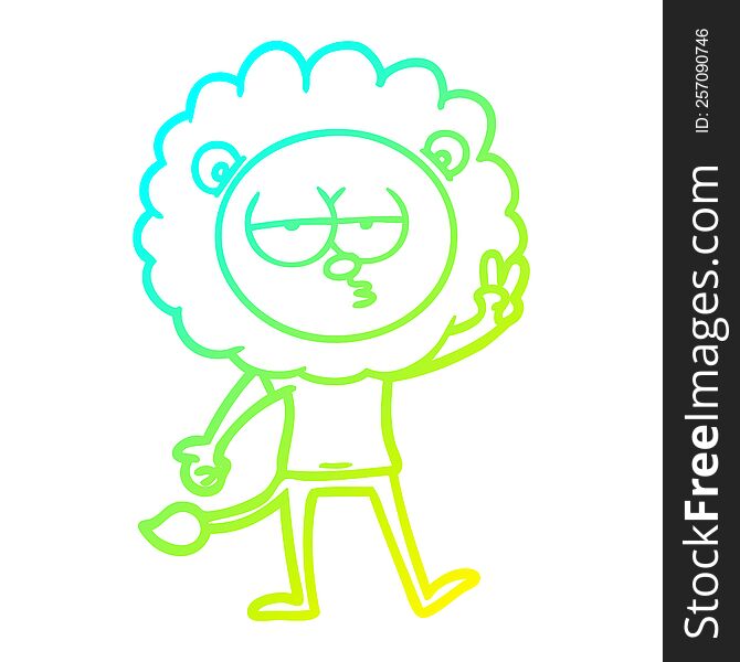 cold gradient line drawing of a cartoon bored lion waving