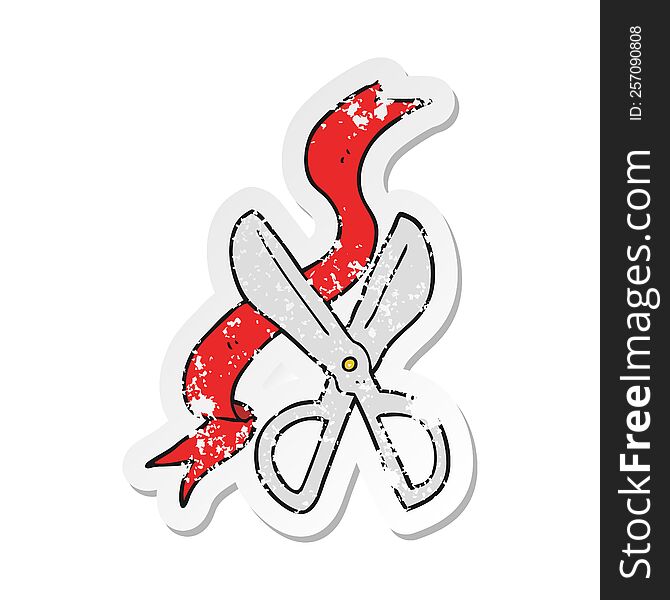 retro distressed sticker of a cartoon scissors cutting ribbon