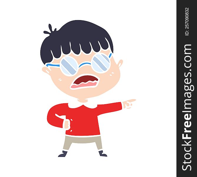 Flat Color Style Cartoon Pointing Boy Wearing Spectacles