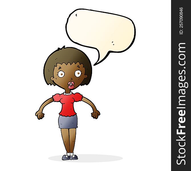 Cartoon Confused Woman Shrugging Shoulders With Speech Bubble