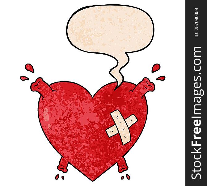 cartoon heart squirting blood with speech bubble in retro texture style