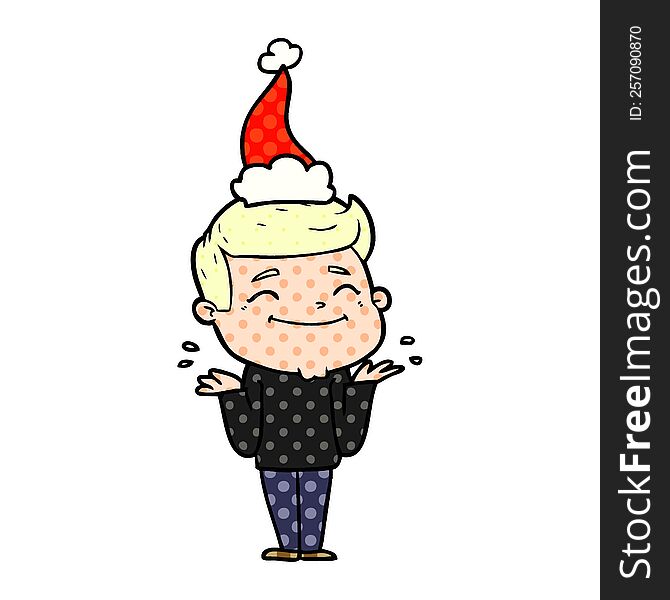 happy hand drawn comic book style illustration of a man shrugging wearing santa hat