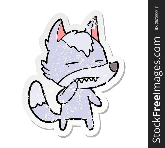 distressed sticker of a unsure wolf showing teeth