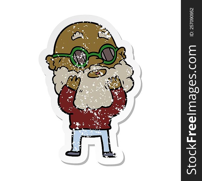 distressed sticker of a cartoon curious man with beard and sunglasses