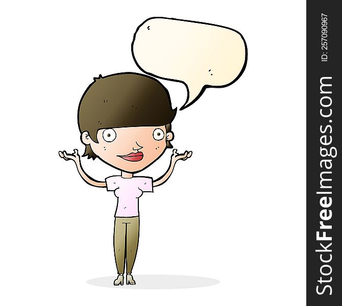 cartoon woman holding arms in air with speech bubble