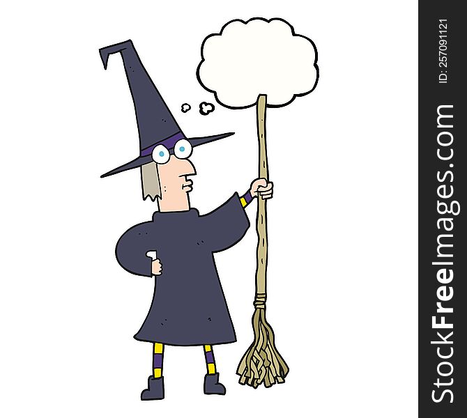 thought bubble cartoon witch with broom