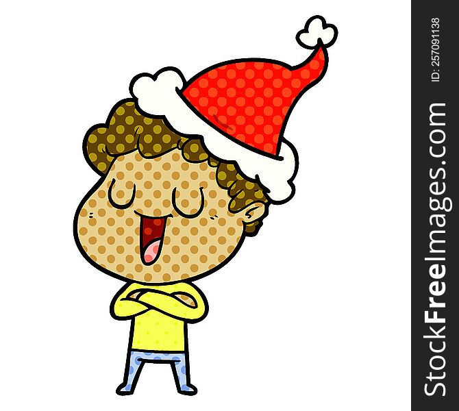 laughing hand drawn comic book style illustration of a man wearing santa hat
