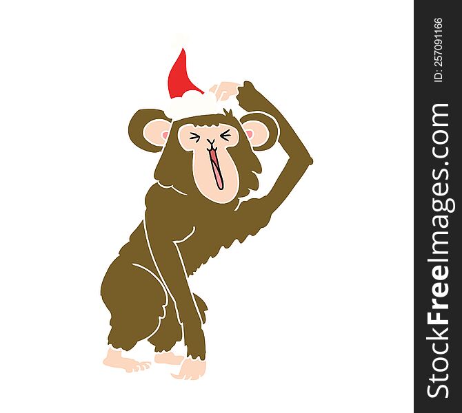 flat color illustration of a chimp scratching head wearing santa hat