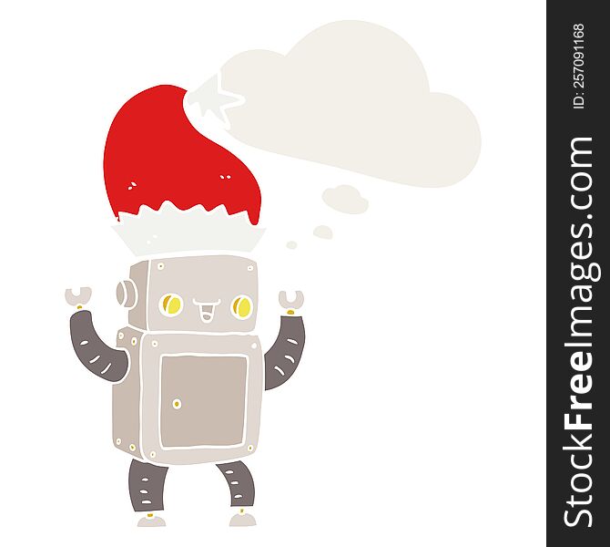 Cartoon Christmas Robot And Thought Bubble In Retro Style
