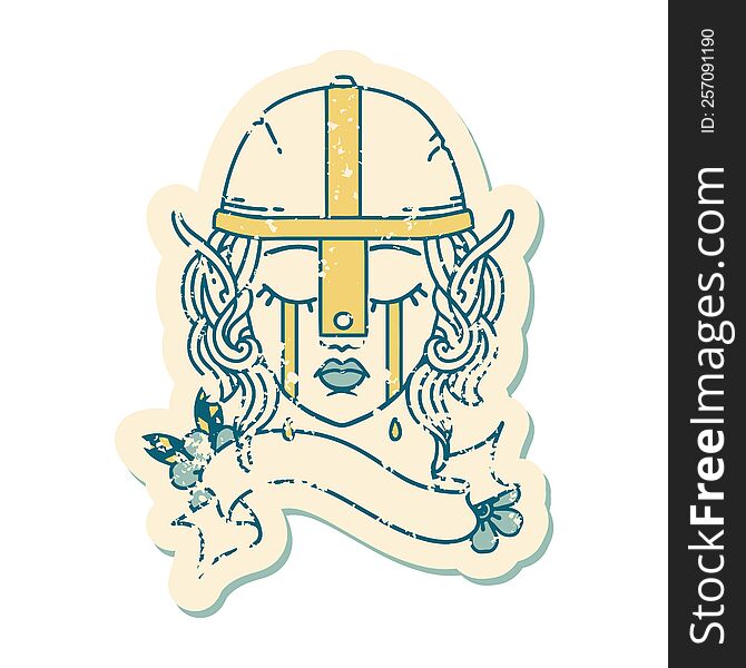 Retro Tattoo Style crying elf fighter character face. Retro Tattoo Style crying elf fighter character face