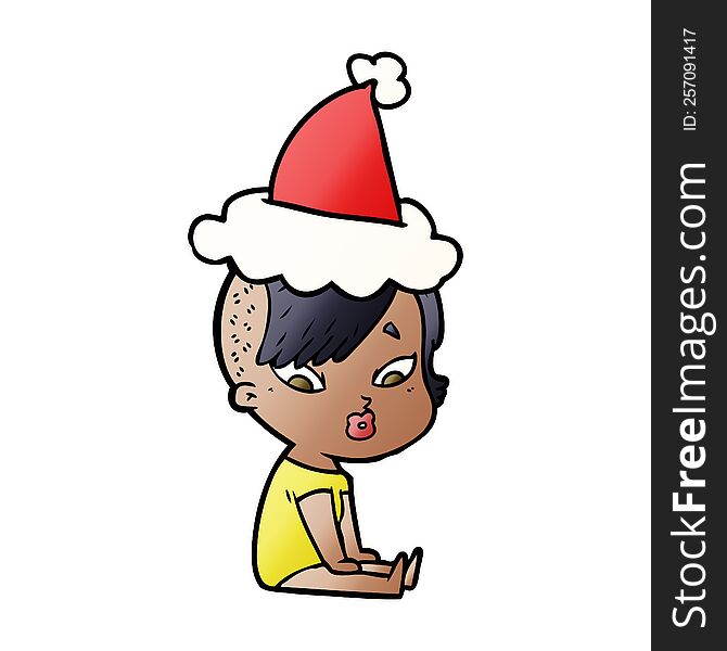 hand drawn gradient cartoon of a surprised girl wearing santa hat