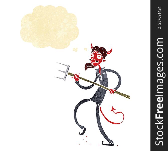 Cartoon Devil With Pitchfork With Thought Bubble
