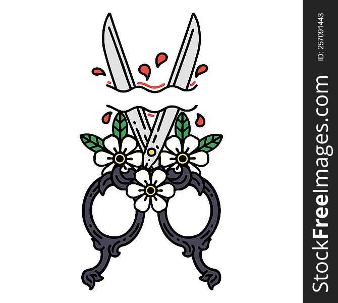Traditional Tattoo Of A Barber Scissors And Flowers