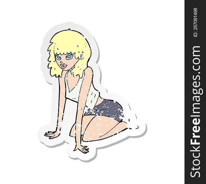 retro distressed sticker of a cartoon woman pulling sexy pose
