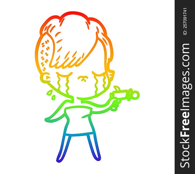 rainbow gradient line drawing of a cartoon crying girl pointing ray gun