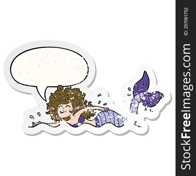 Cartoon Mermaid And Speech Bubble Distressed Sticker