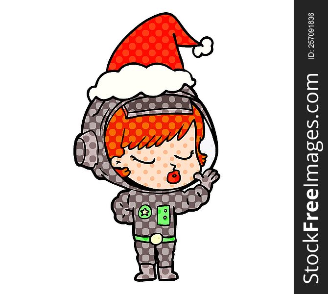 hand drawn comic book style illustration of a pretty astronaut girl wearing santa hat