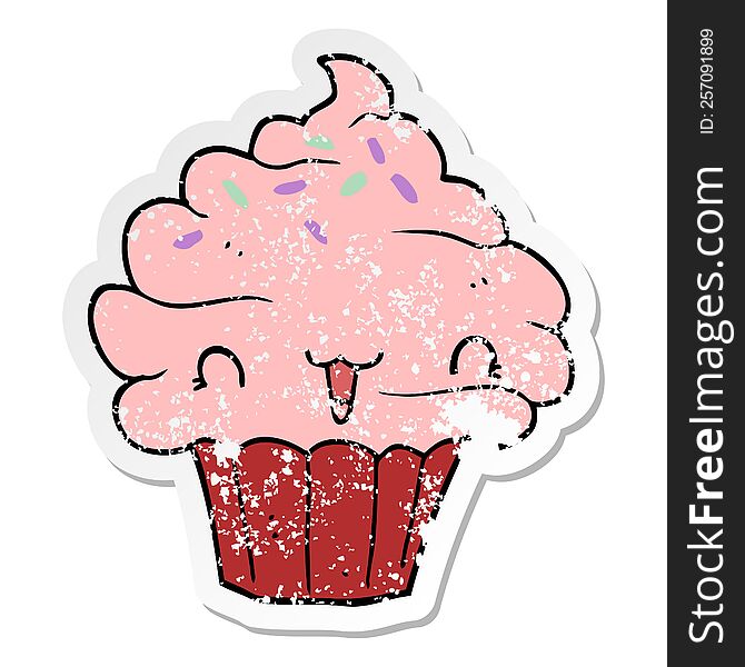 distressed sticker of a cute cartoon frosted cupcake