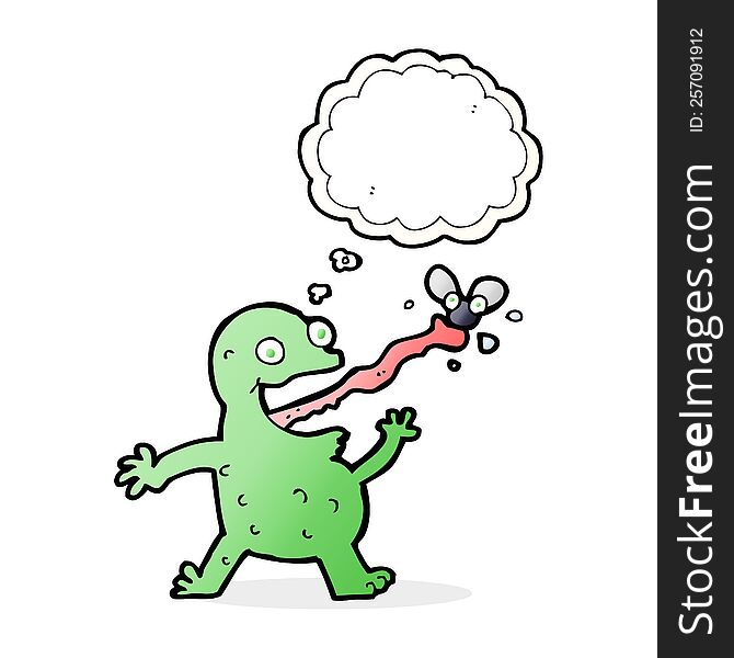cartoon frog catching fly with thought bubble