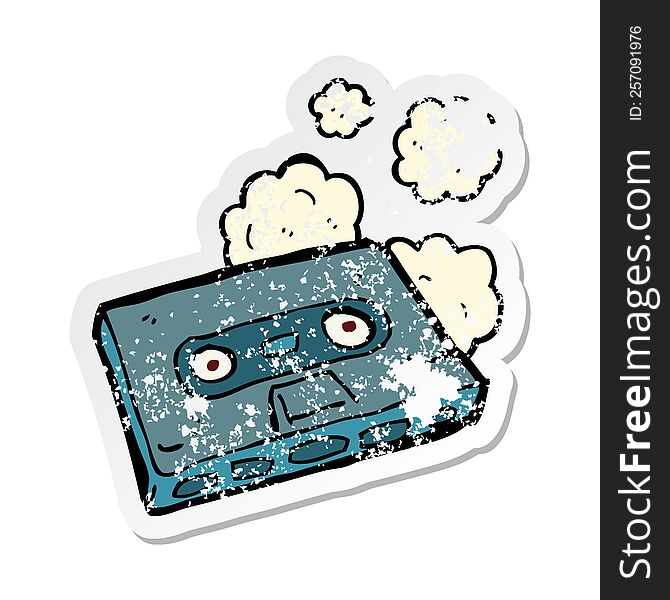 retro distressed sticker of a cartoon cassette tape