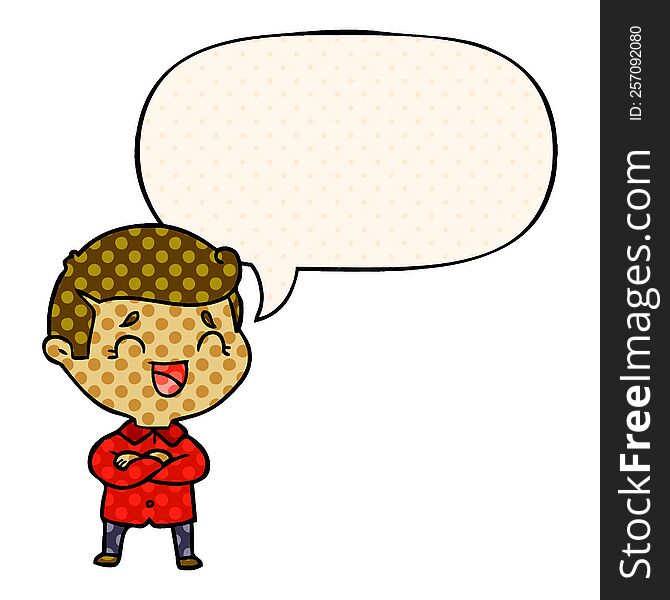 cartoon laughing man with speech bubble in comic book style