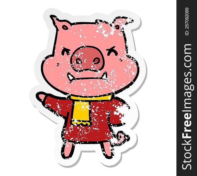 distressed sticker of a angry cartoon pig in winter clothes