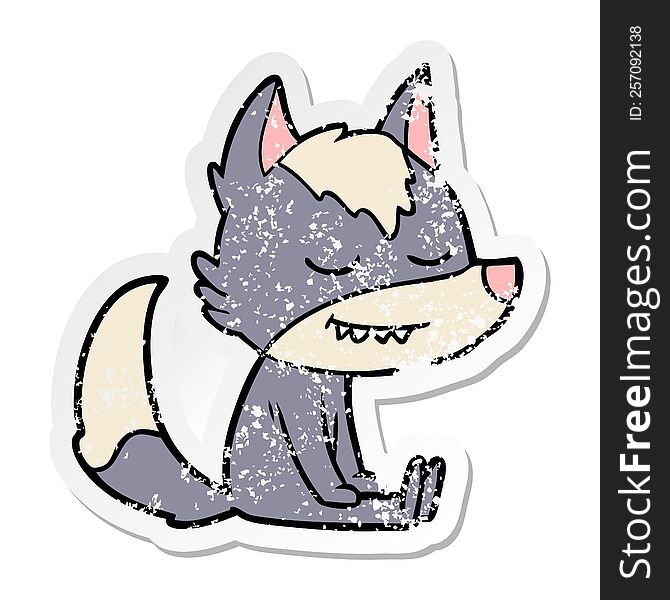 Distressed Sticker Of A Friendly Cartoon Wolf Sitting Down