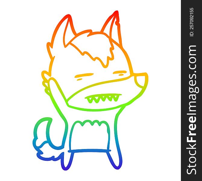 rainbow gradient line drawing of a cartoon wolf waving showing teeth