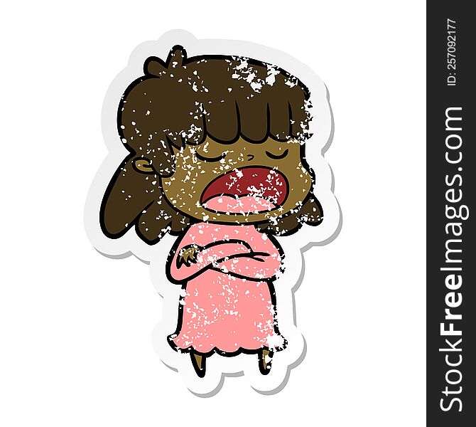 Distressed Sticker Of A Cartoon Woman Talking Loudly