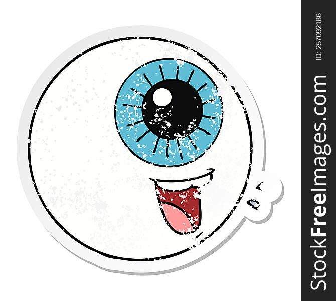 Distressed Sticker Of A Cartoon Eyeball Laughing